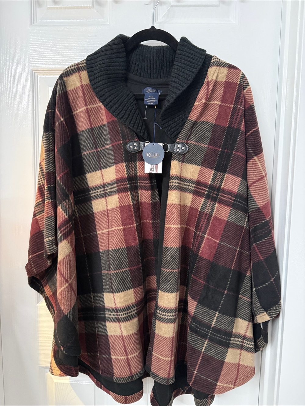 RACHEL Rachel Roy Plaid Cape Jacket in Burgundy, Black & Cream